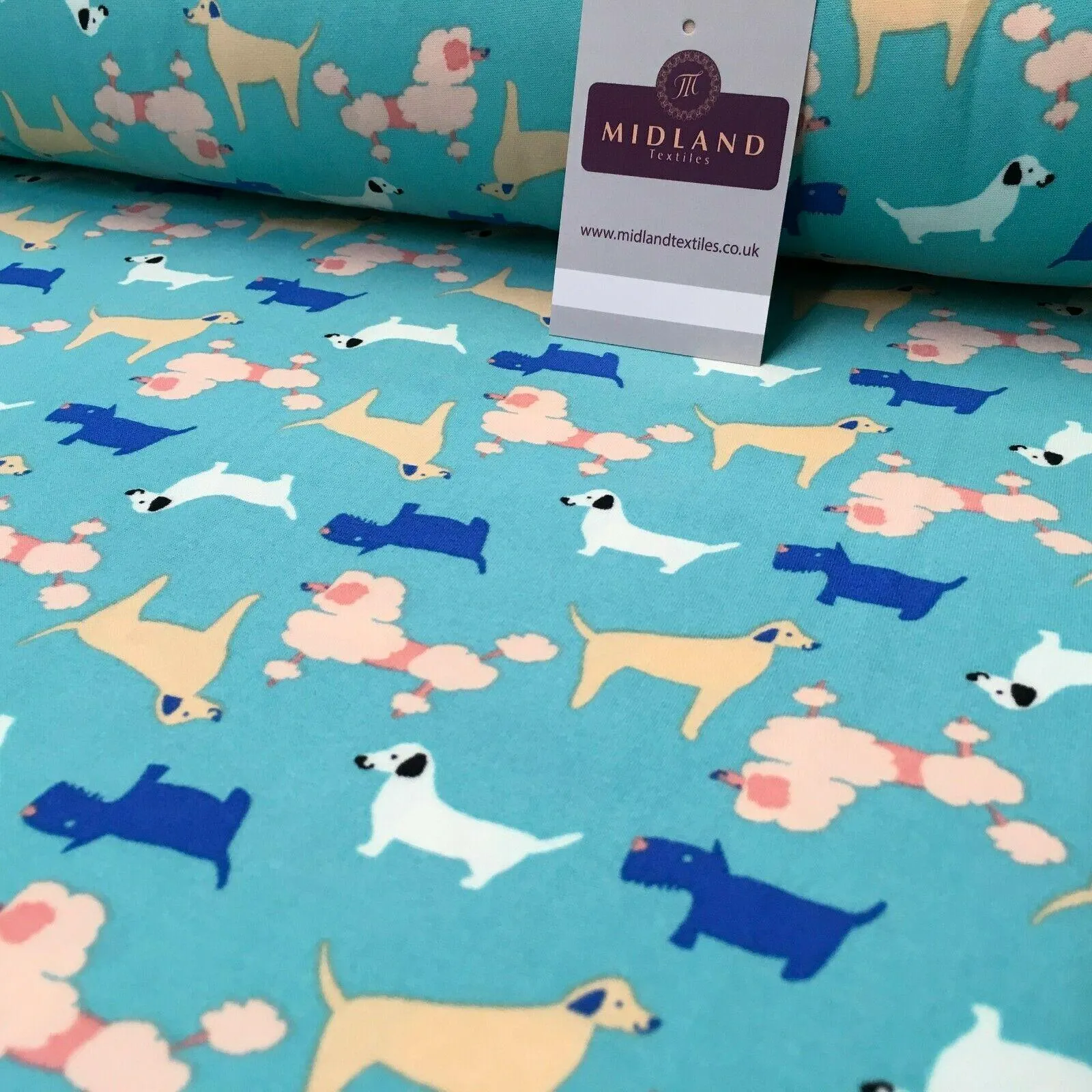 Aqua Assorted Dogs Printed Brushed Jersey Dress fabric 150cm Wide MK1106-6 Mtex