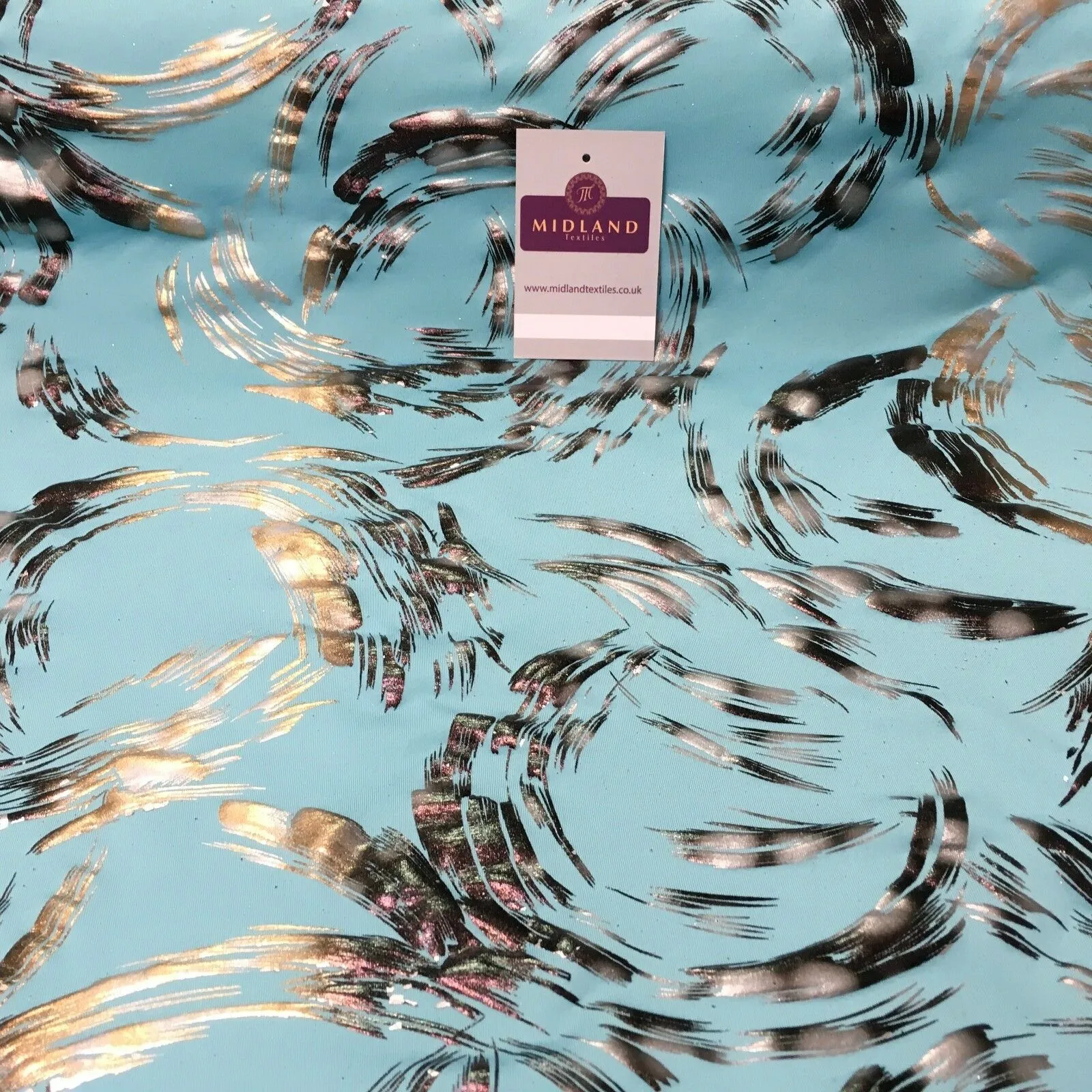 Aqua Bronze Spandex Jersey Foil Printed Dress fabric 58" Wide MU1024-1