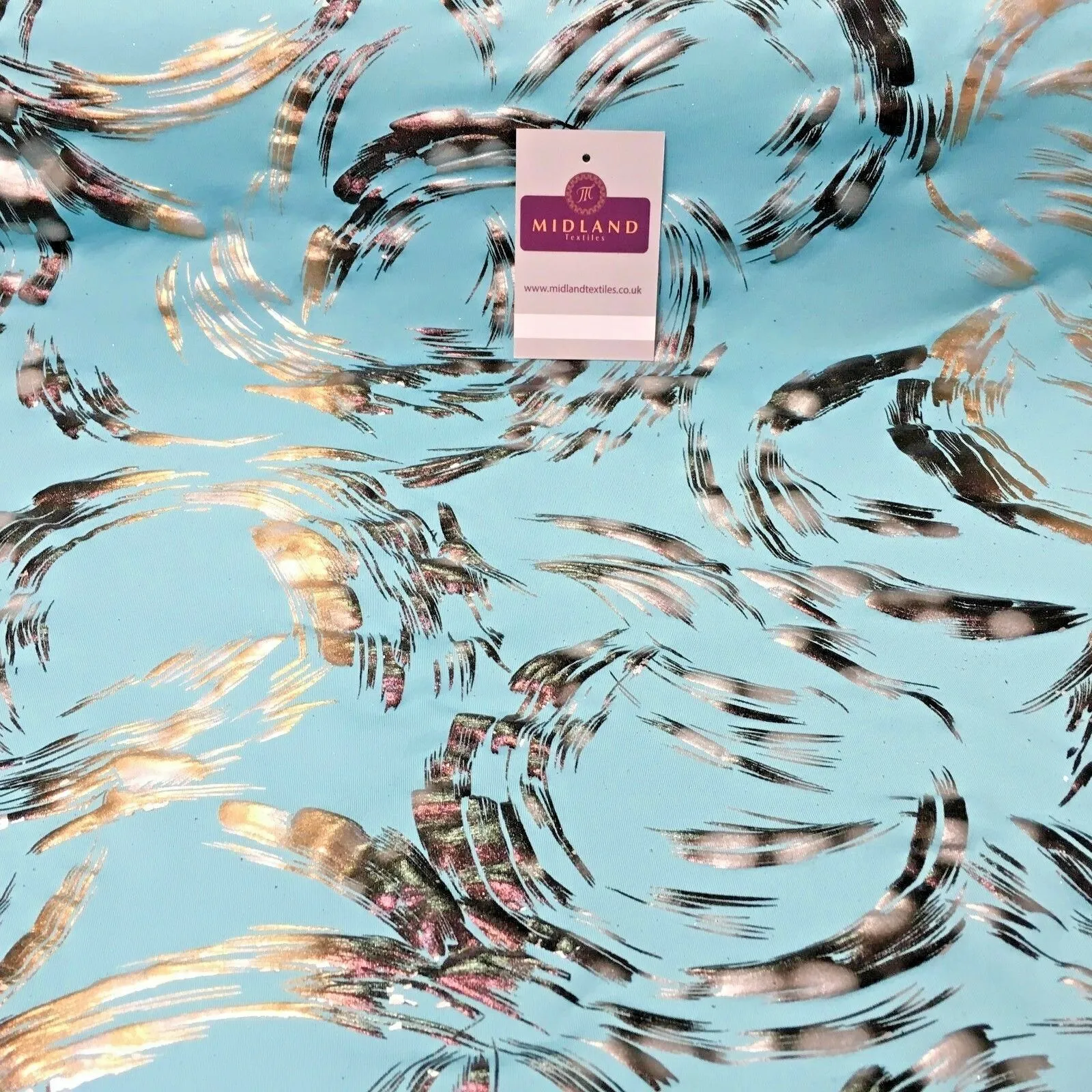 Aqua Bronze Spandex Jersey Foil Printed Dress fabric 58" Wide MU1024-1