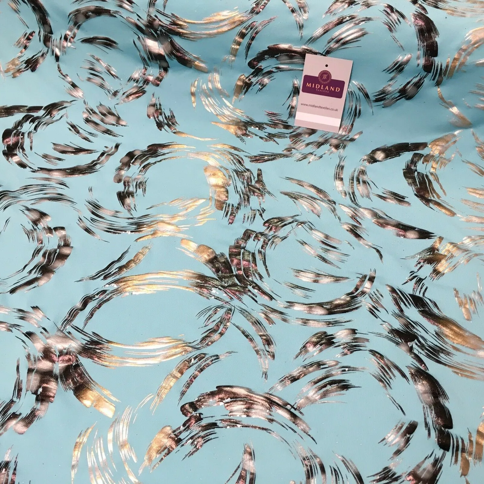 Aqua Bronze Spandex Jersey Foil Printed Dress fabric 58" Wide MU1024-1