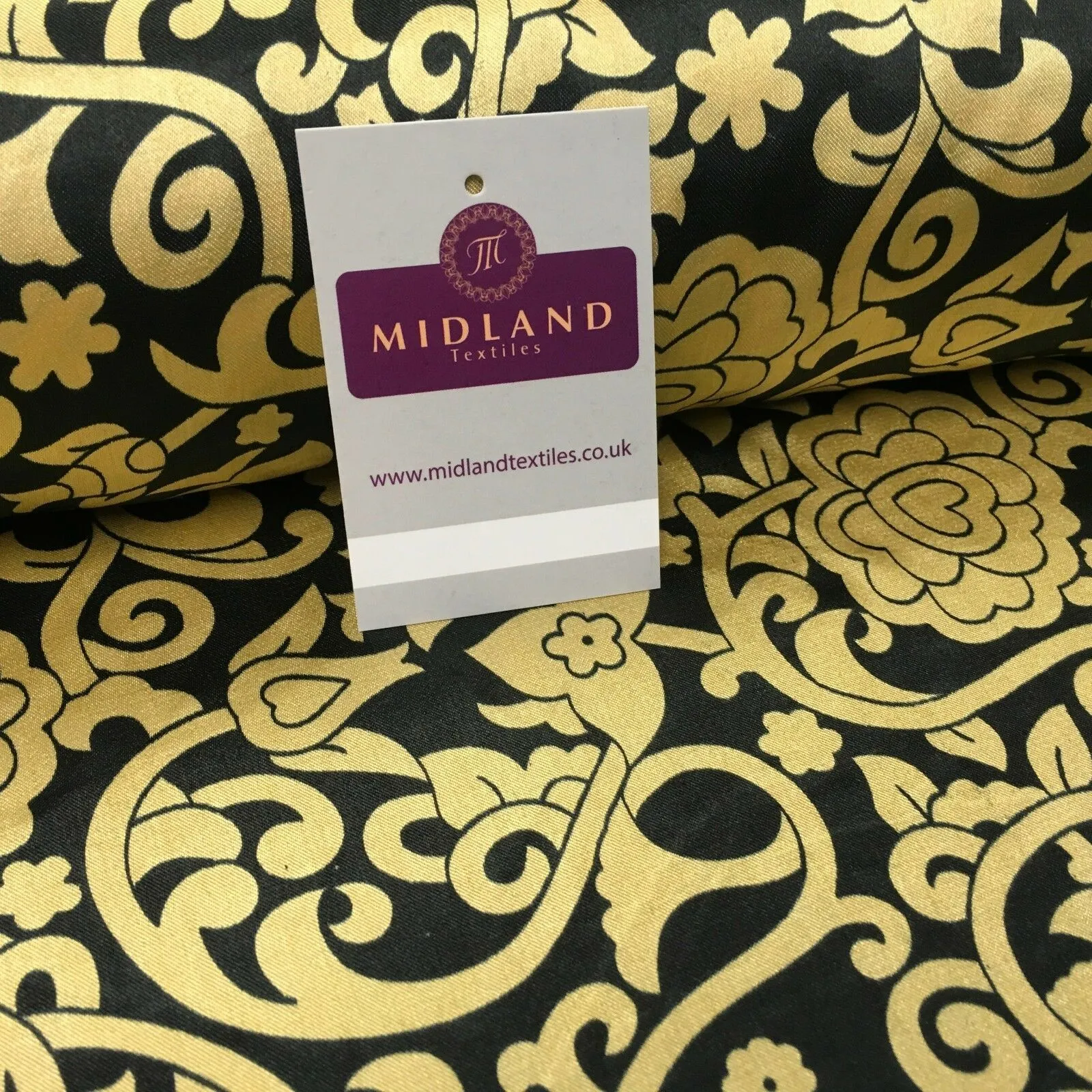 Black & Gold Floral Printed Satin Silky Dress fabric 55" Wide MA1026 Mtex