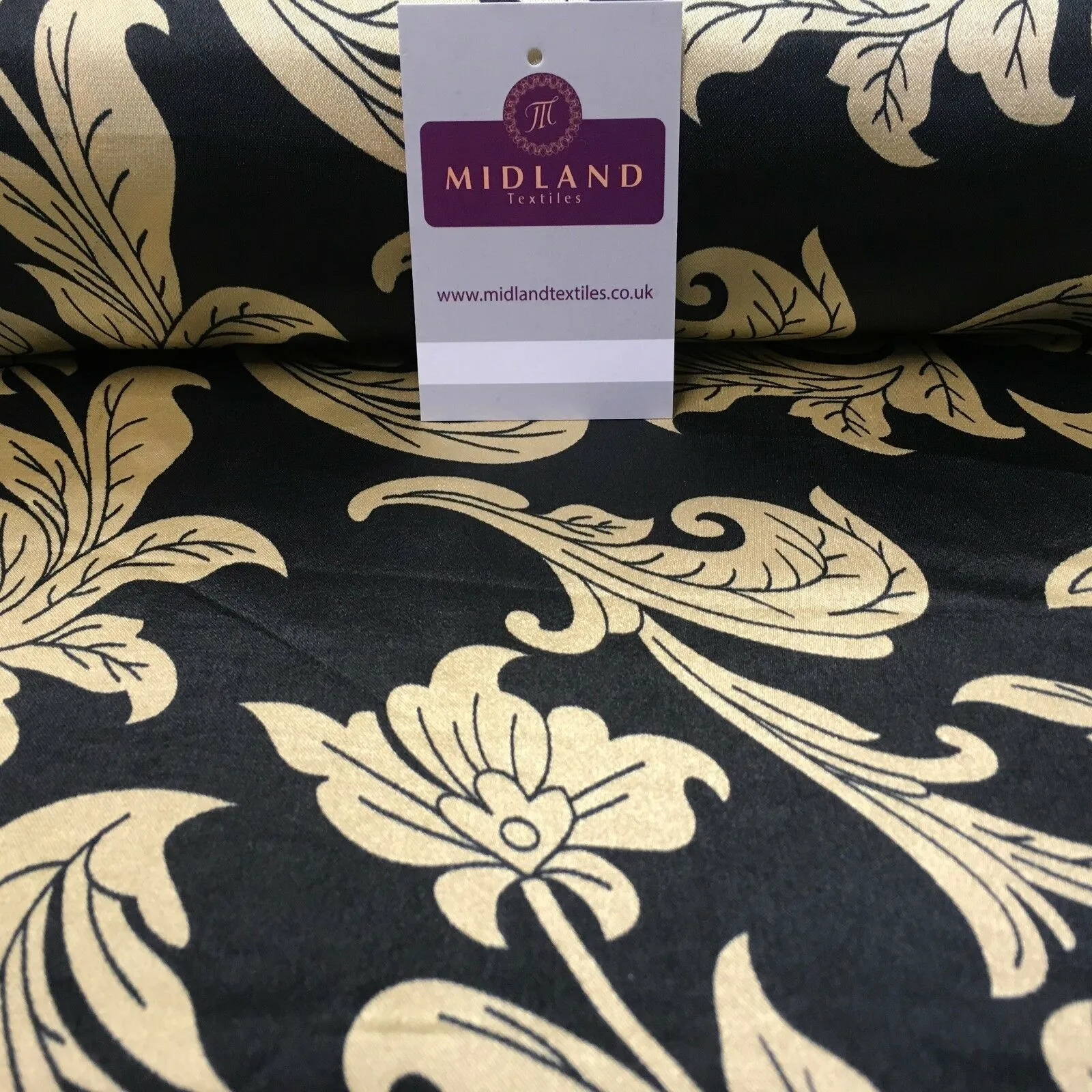 Black & Gold Floral Printed Satin Silky Dress fabric 55" Wide MA1026 Mtex
