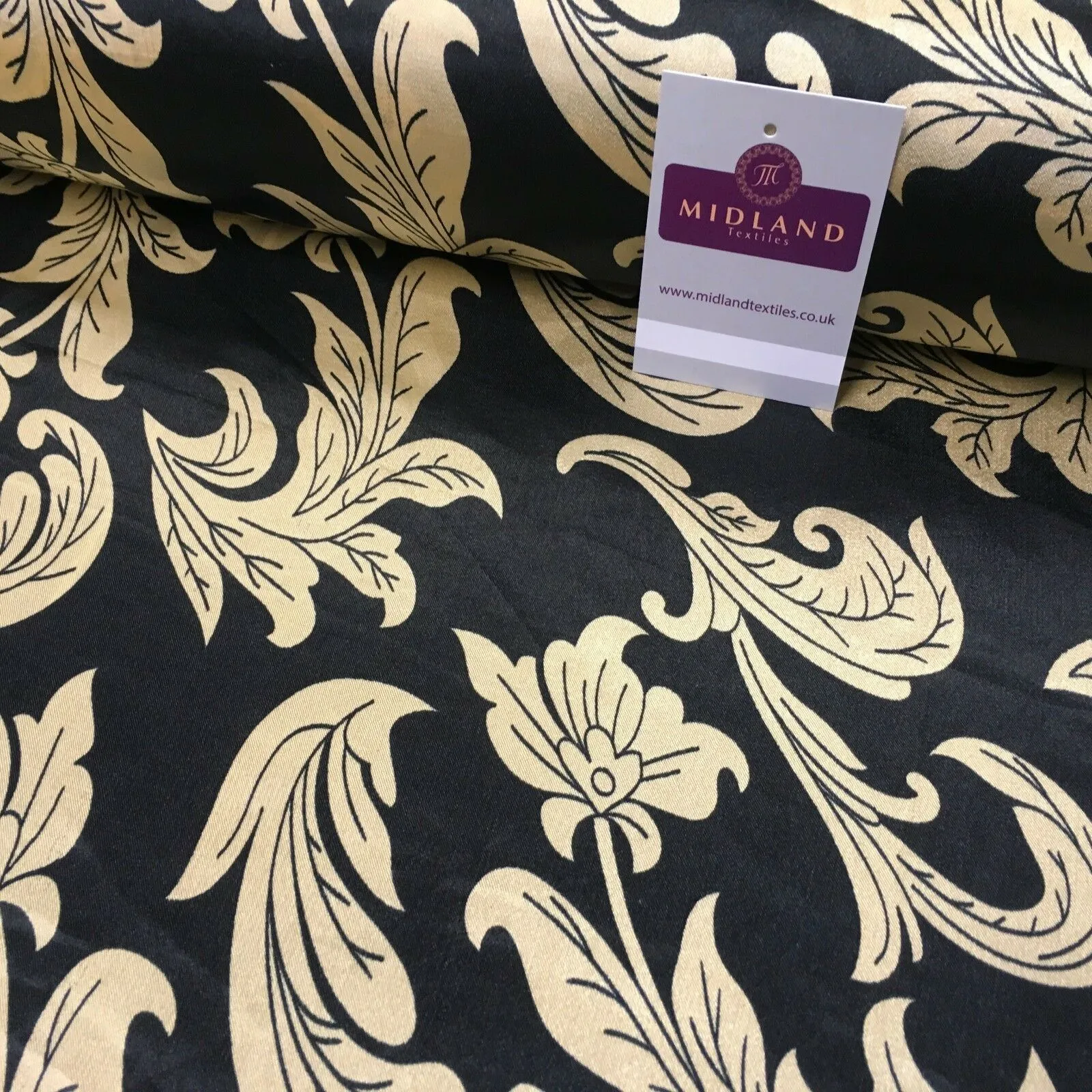 Black & Gold Floral Printed Satin Silky Dress fabric 55" Wide MA1026 Mtex