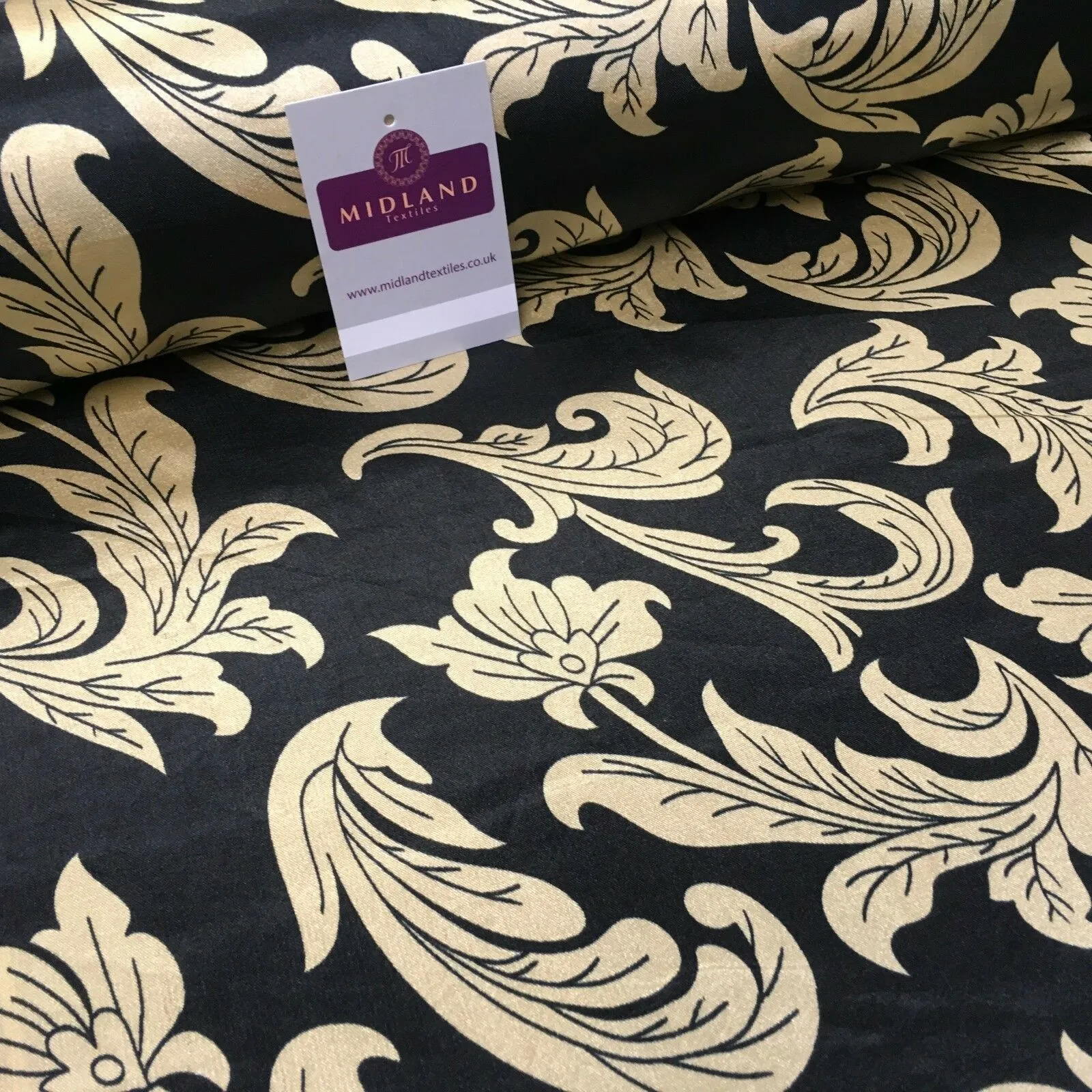 Black & Gold Floral Printed Satin Silky Dress fabric 55" Wide MA1026 Mtex