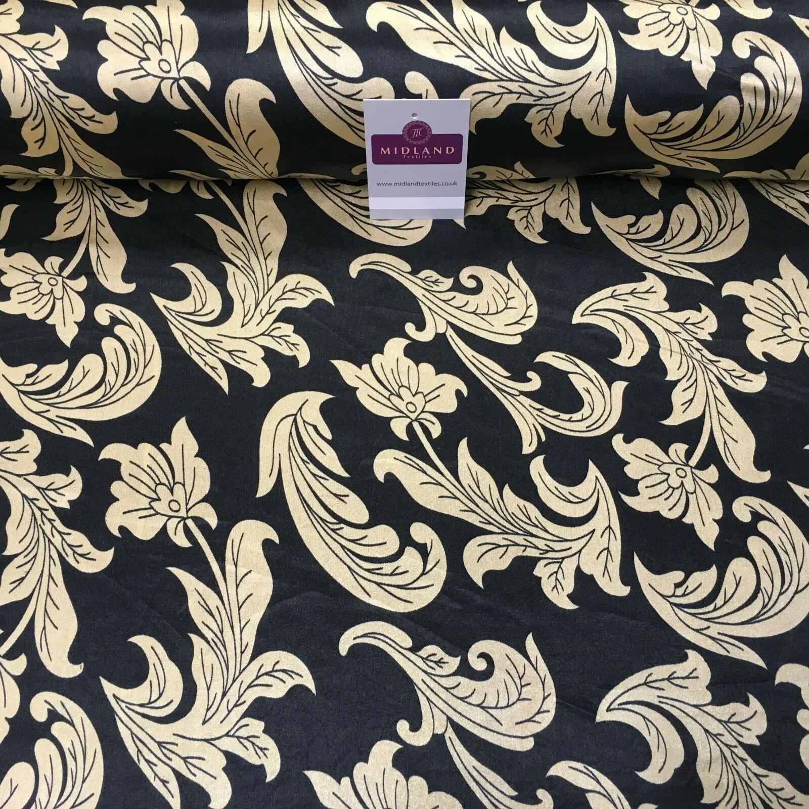Black & Gold Floral Printed Satin Silky Dress fabric 55" Wide MA1026 Mtex
