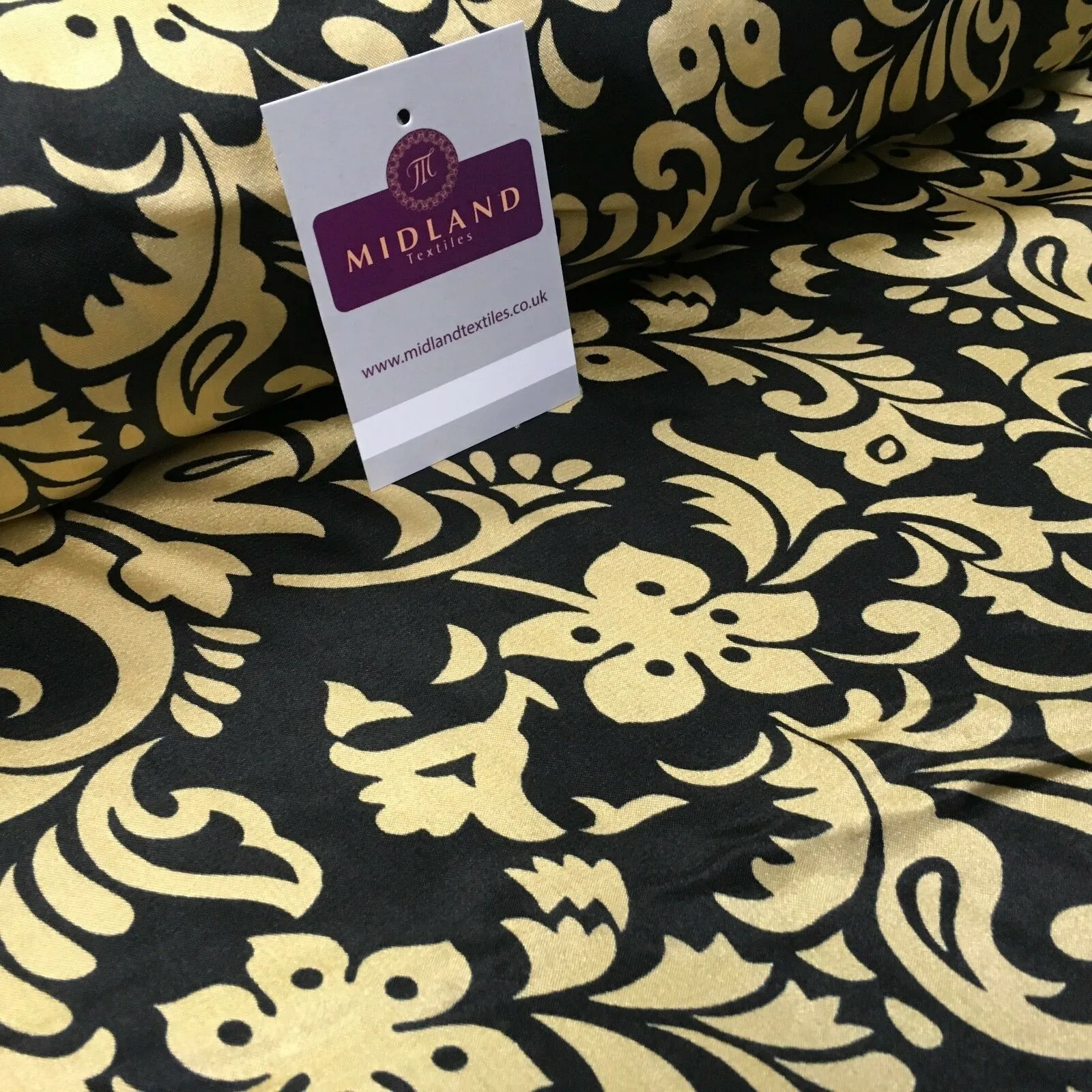 Black & Gold Floral Printed Satin Silky Dress fabric 55" Wide MA1026 Mtex