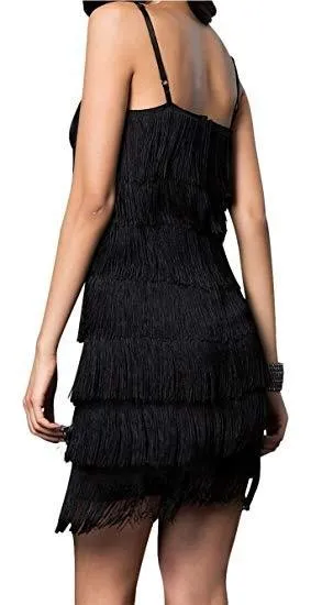 Black Color Women's Short All-over Fringe Flapper Dress