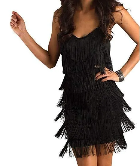 Black Color Women's Short All-over Fringe Flapper Dress