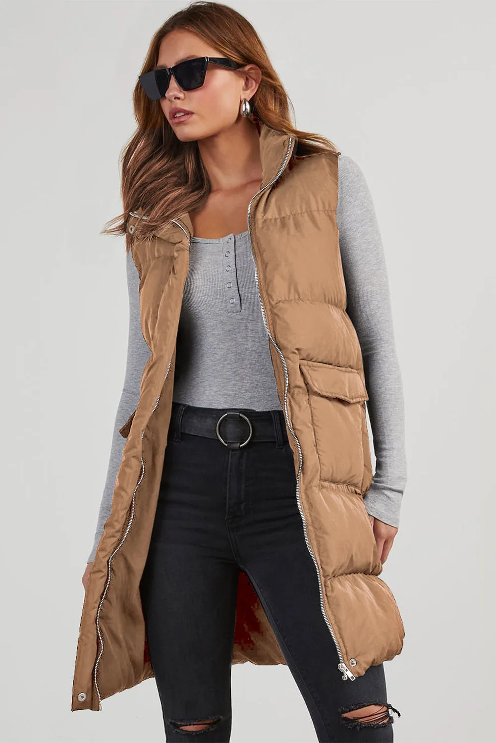 Blue Zone Planet |  Black Solid Color Puffer Zip Up Pocketed Vest Coat