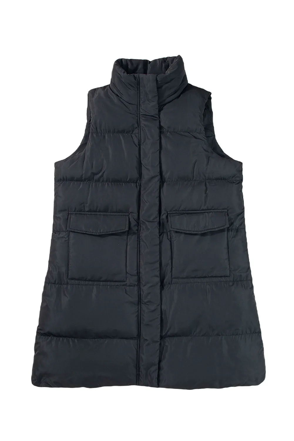 Blue Zone Planet |  Black Solid Color Puffer Zip Up Pocketed Vest Coat
