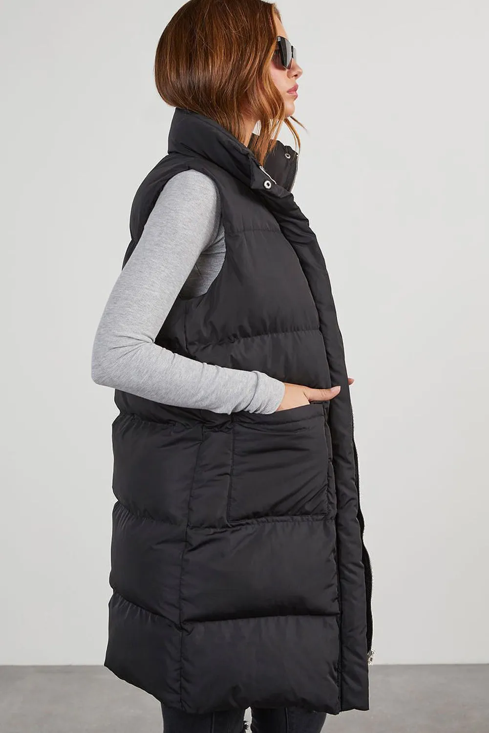 Blue Zone Planet |  Black Solid Color Puffer Zip Up Pocketed Vest Coat