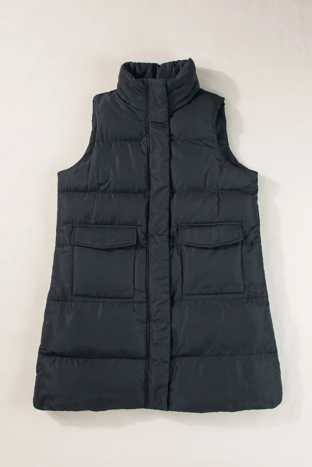 Blue Zone Planet |  Black Solid Color Puffer Zip Up Pocketed Vest Coat