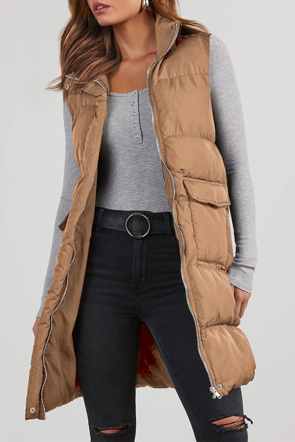 Blue Zone Planet |  Black Solid Color Puffer Zip Up Pocketed Vest Coat