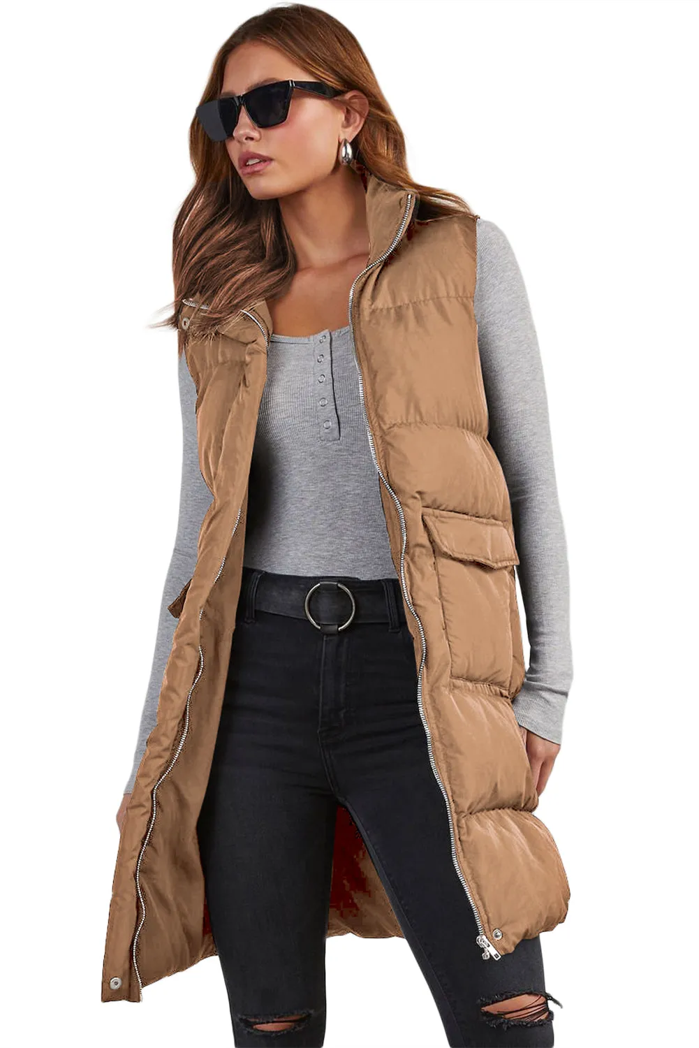 Blue Zone Planet |  Black Solid Color Puffer Zip Up Pocketed Vest Coat