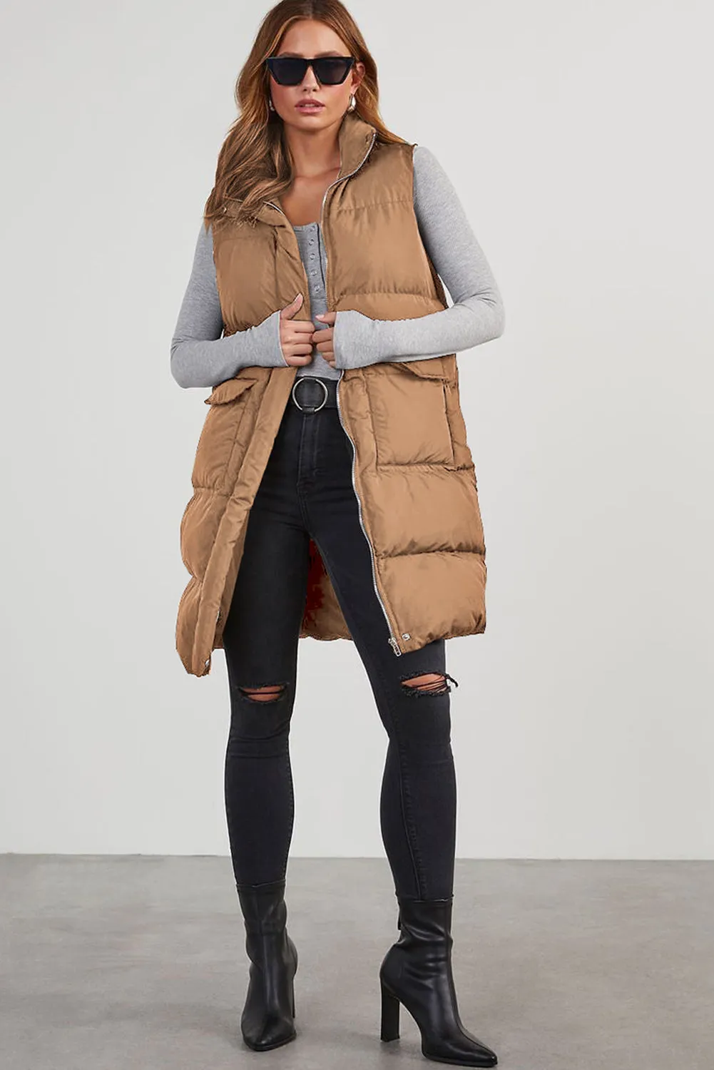 Blue Zone Planet |  Black Solid Color Puffer Zip Up Pocketed Vest Coat