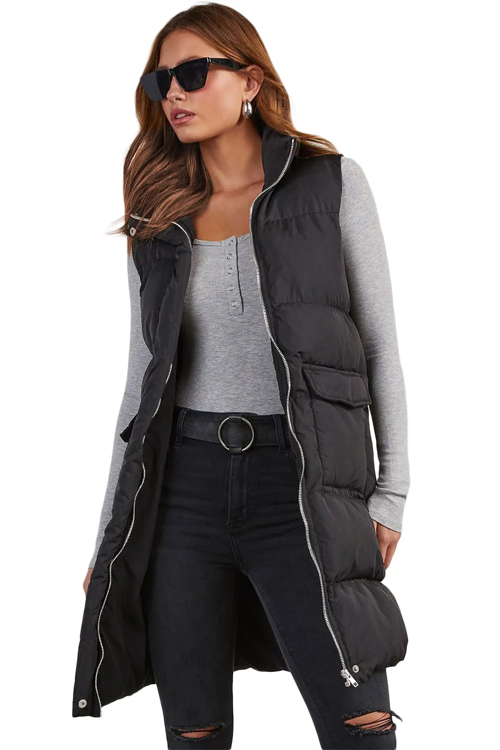 Blue Zone Planet |  Black Solid Color Puffer Zip Up Pocketed Vest Coat