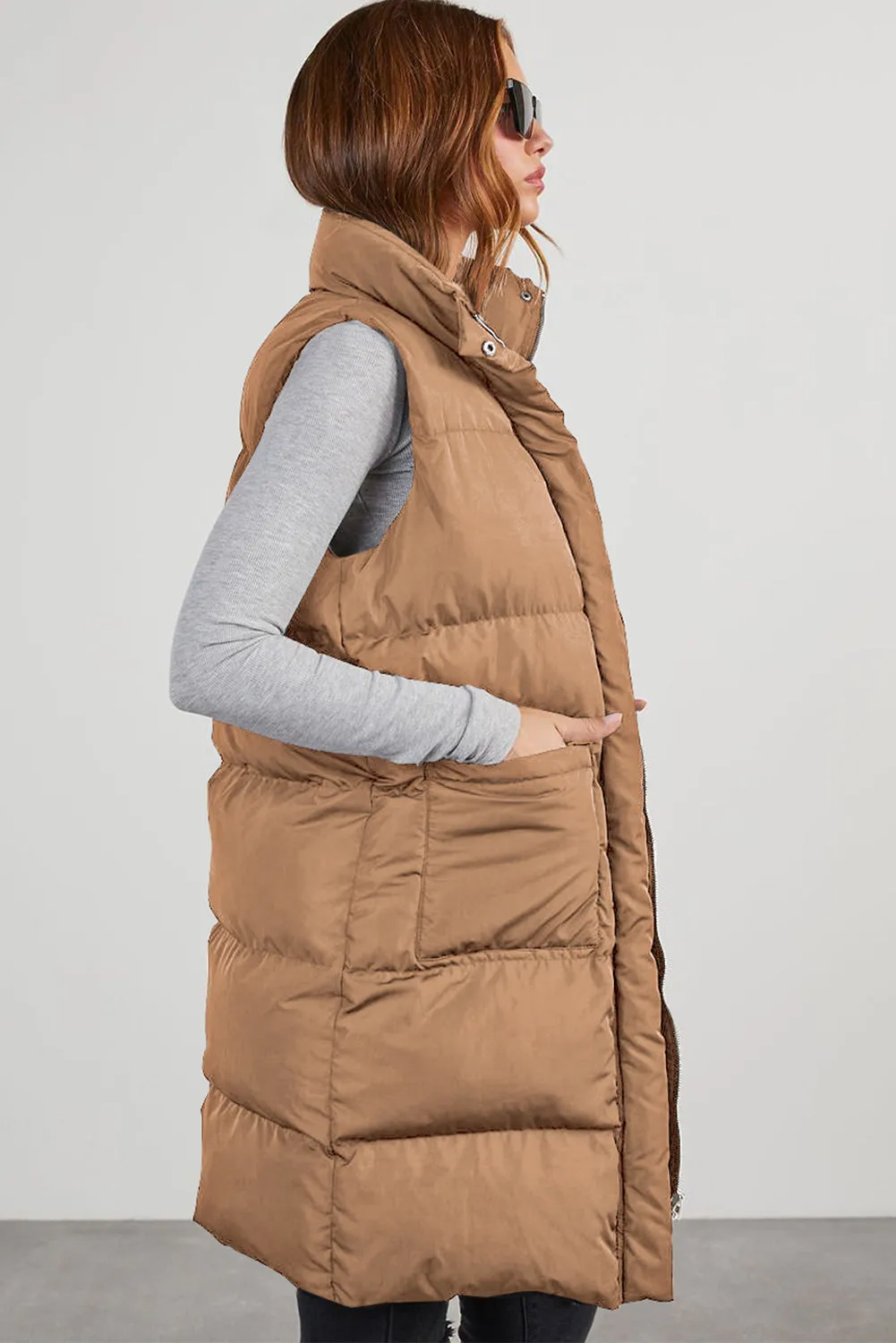 Blue Zone Planet |  Black Solid Color Puffer Zip Up Pocketed Vest Coat