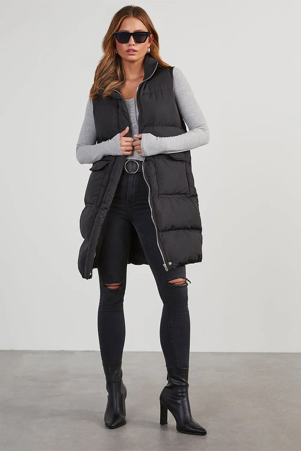 Blue Zone Planet |  Black Solid Color Puffer Zip Up Pocketed Vest Coat
