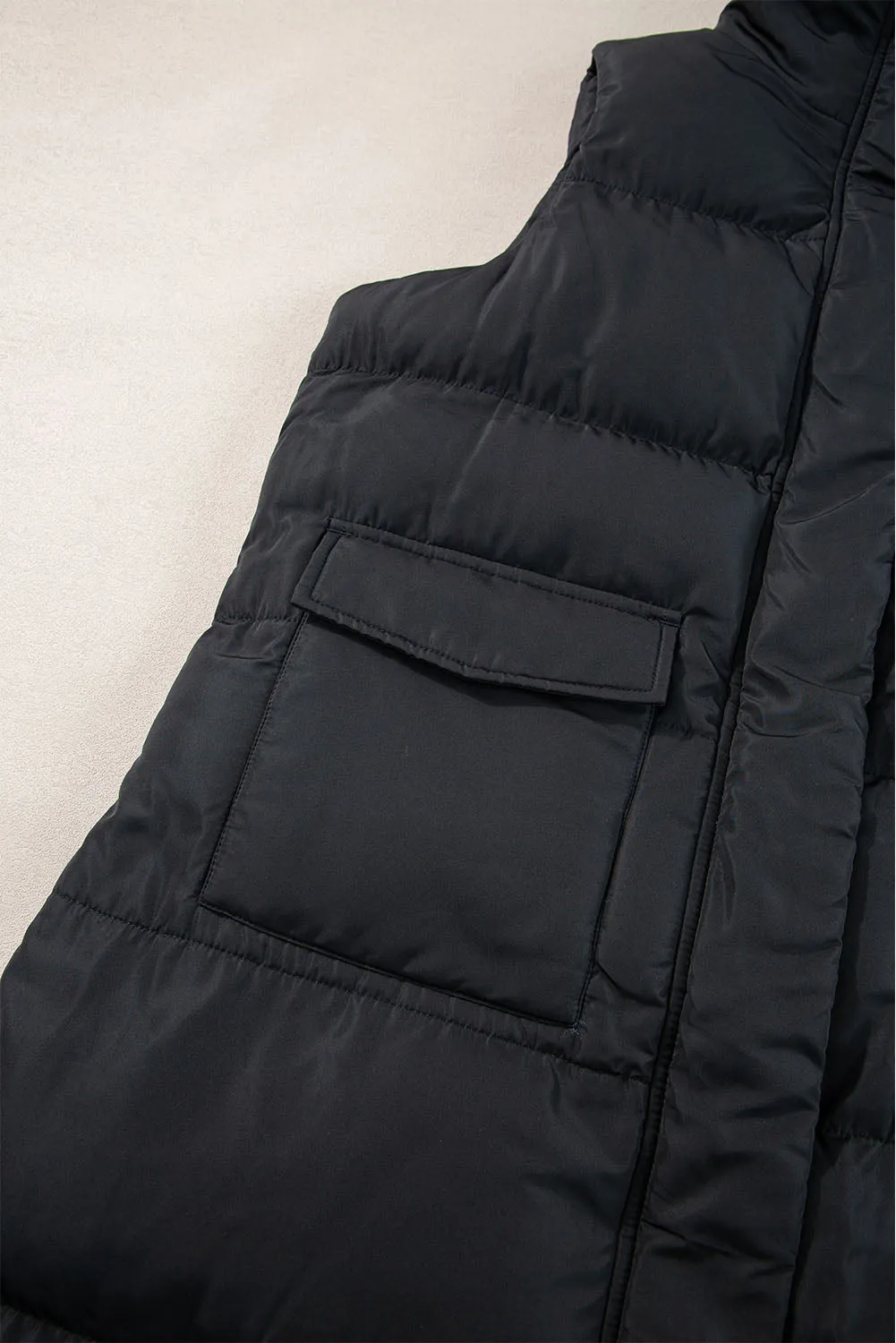 Blue Zone Planet |  Black Solid Color Puffer Zip Up Pocketed Vest Coat