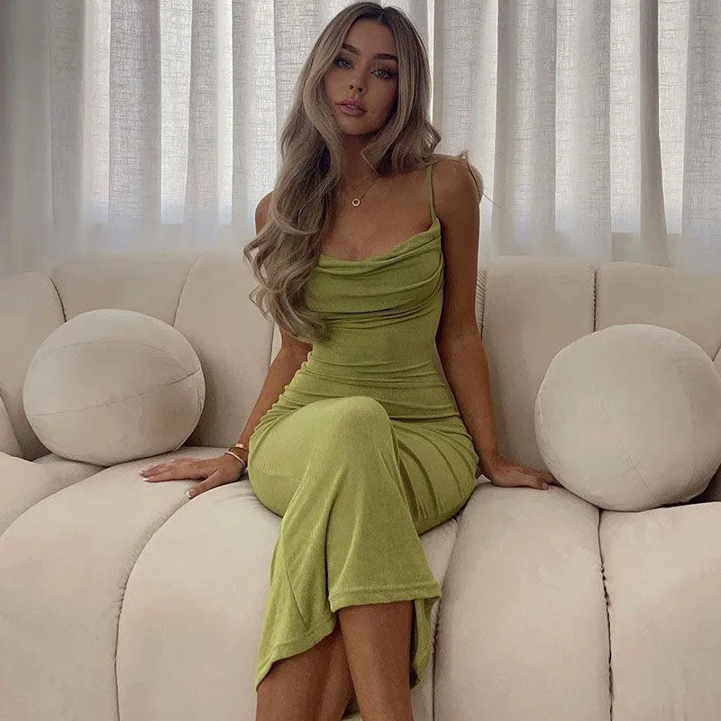 Classy Solid Color Fishtail Cowl Neck Low Back Slip Maxi Dresses - Green