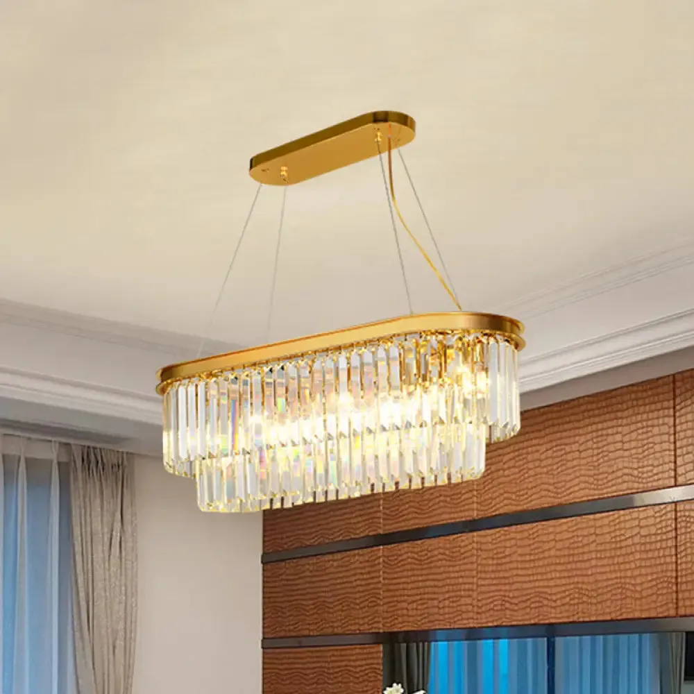 Contemporary Crystal Island Pendant with 7 Bulbs and Gold Finish - 2 Layer Ellipse Design