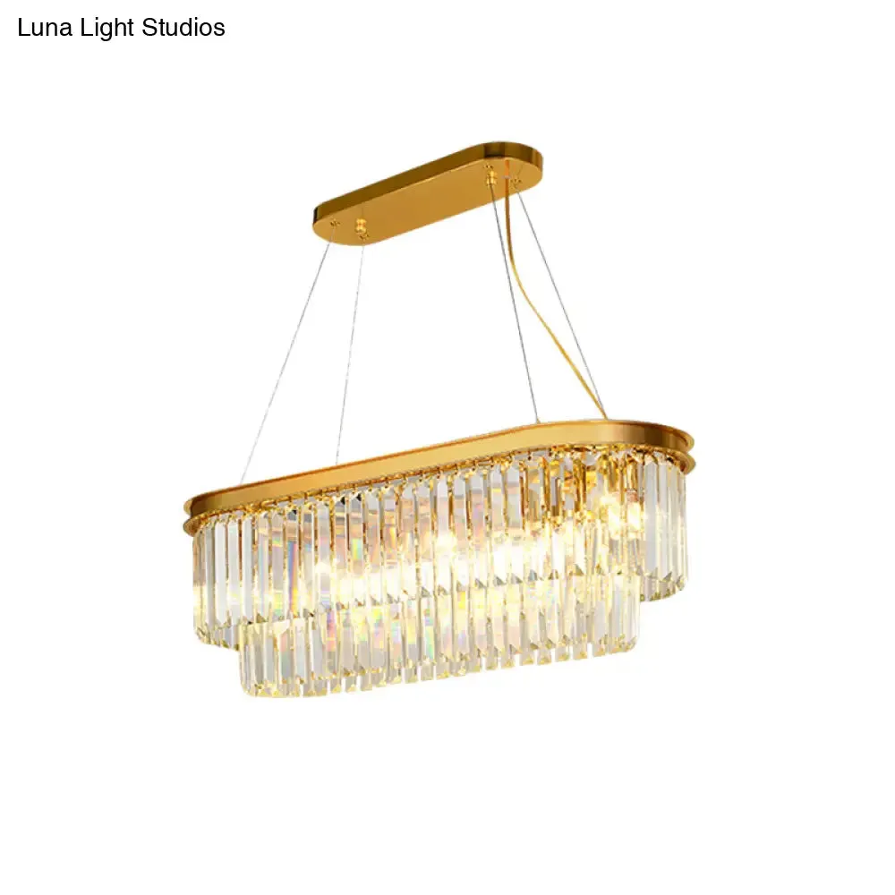 Contemporary Crystal Island Pendant with 7 Bulbs and Gold Finish - 2 Layer Ellipse Design
