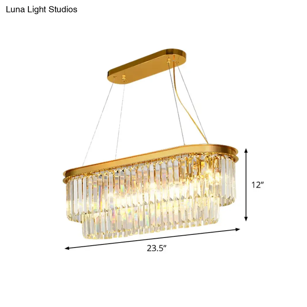 Contemporary Crystal Island Pendant with 7 Bulbs and Gold Finish - 2 Layer Ellipse Design
