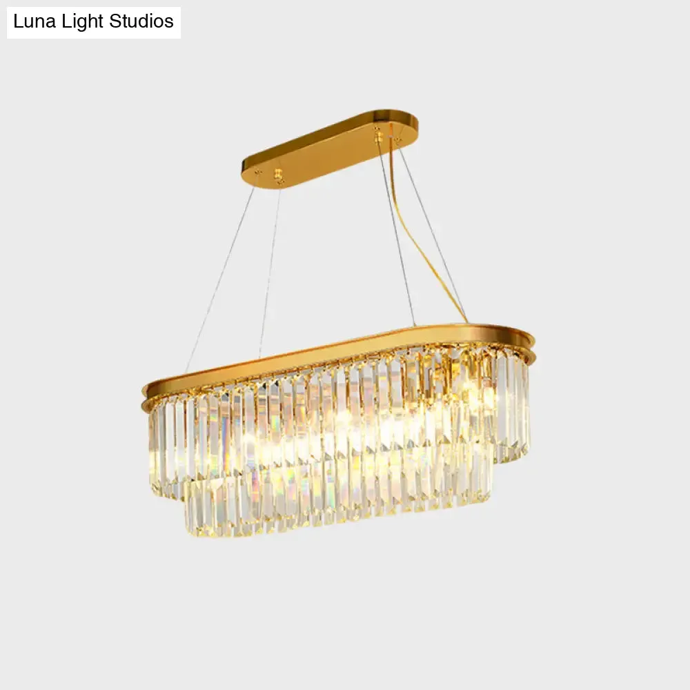 Contemporary Crystal Island Pendant with 7 Bulbs and Gold Finish - 2 Layer Ellipse Design