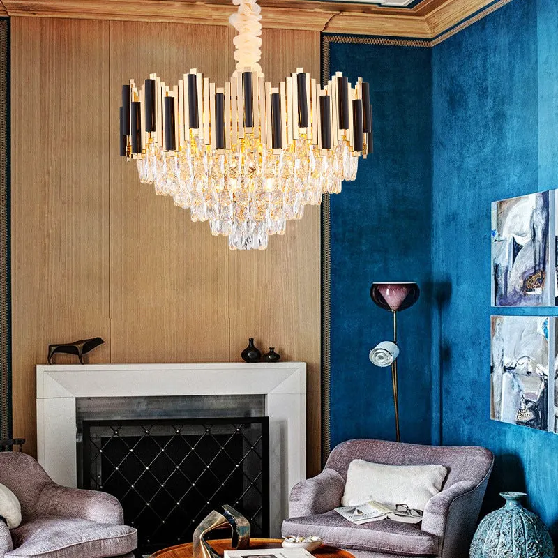Contemporary Gold Multi Layer Pendant Light with Crystal Prism - 6/10 Heads