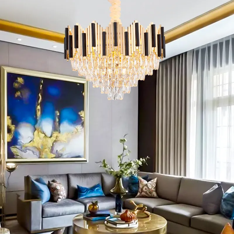 Contemporary Gold Multi Layer Pendant Light with Crystal Prism - 6/10 Heads