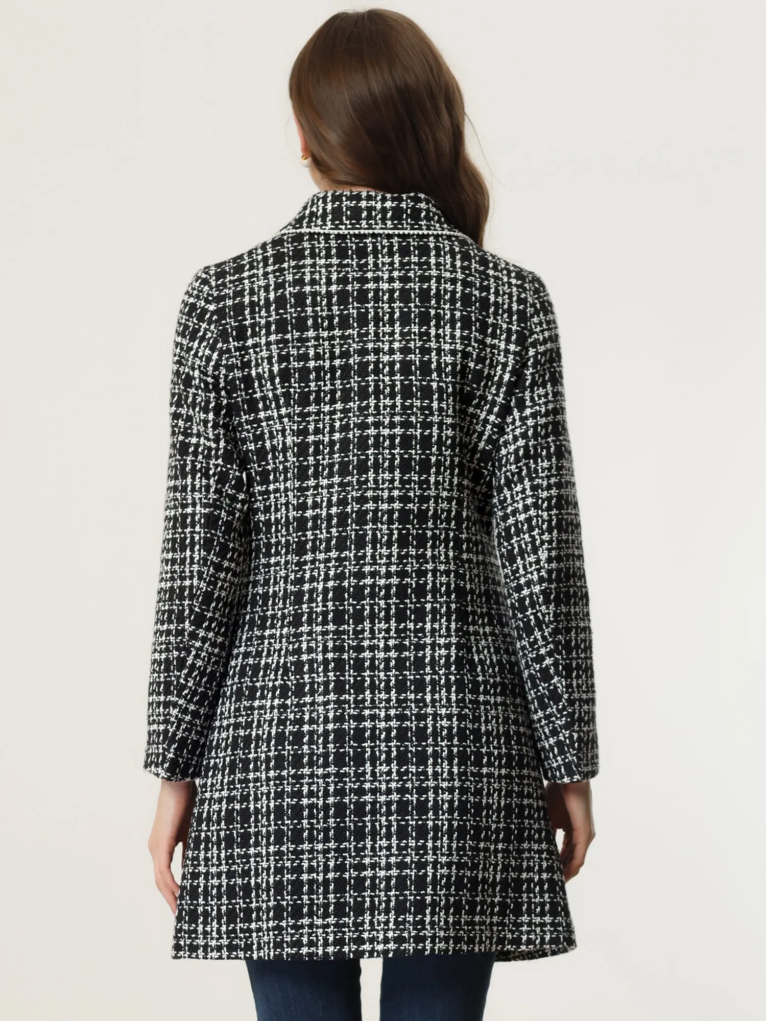 Doll Collar Plaid Tweed Winter Button Elegant Long Coat