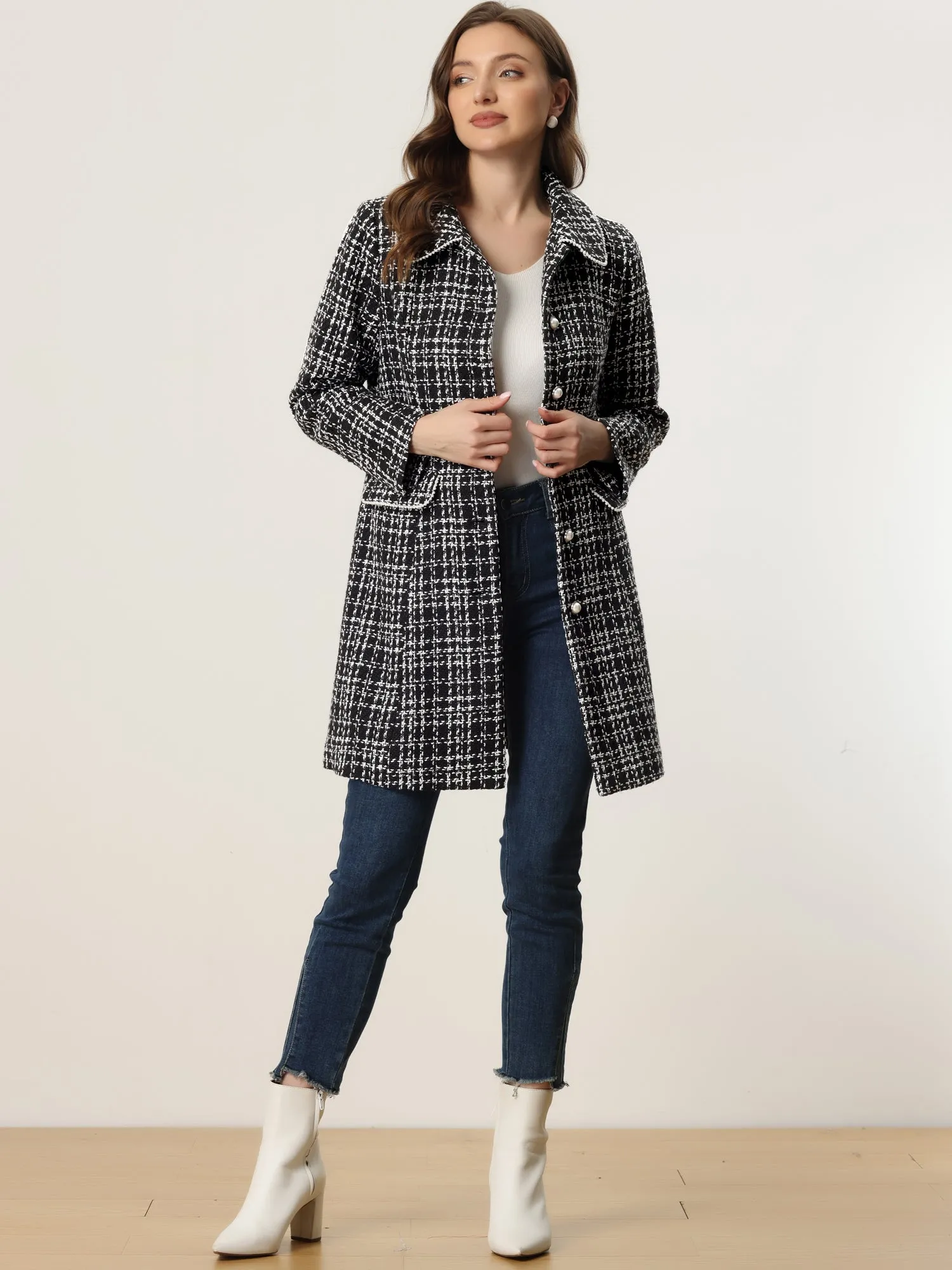 Doll Collar Plaid Tweed Winter Button Elegant Long Coat