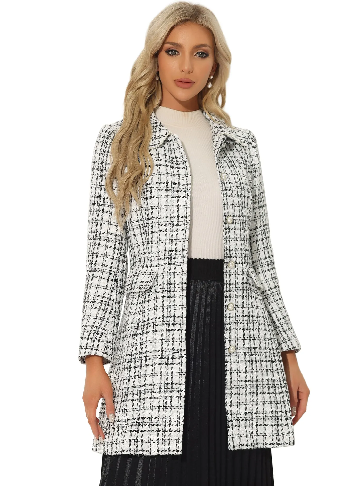 Doll Collar Plaid Tweed Winter Button Elegant Long Coat