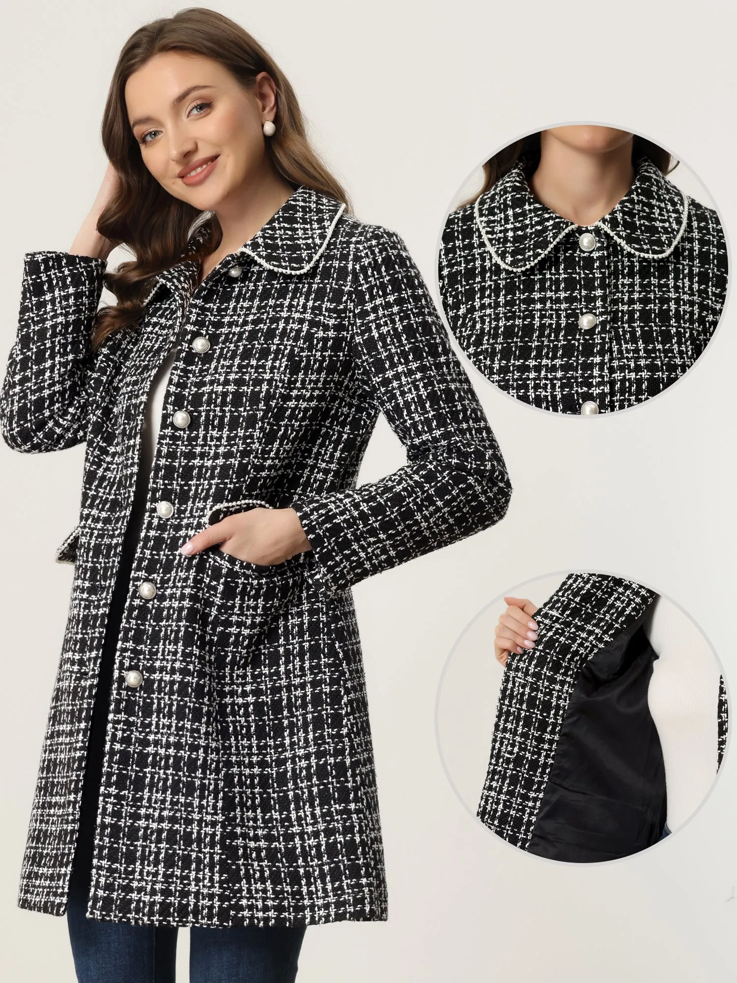 Doll Collar Plaid Tweed Winter Button Elegant Long Coat