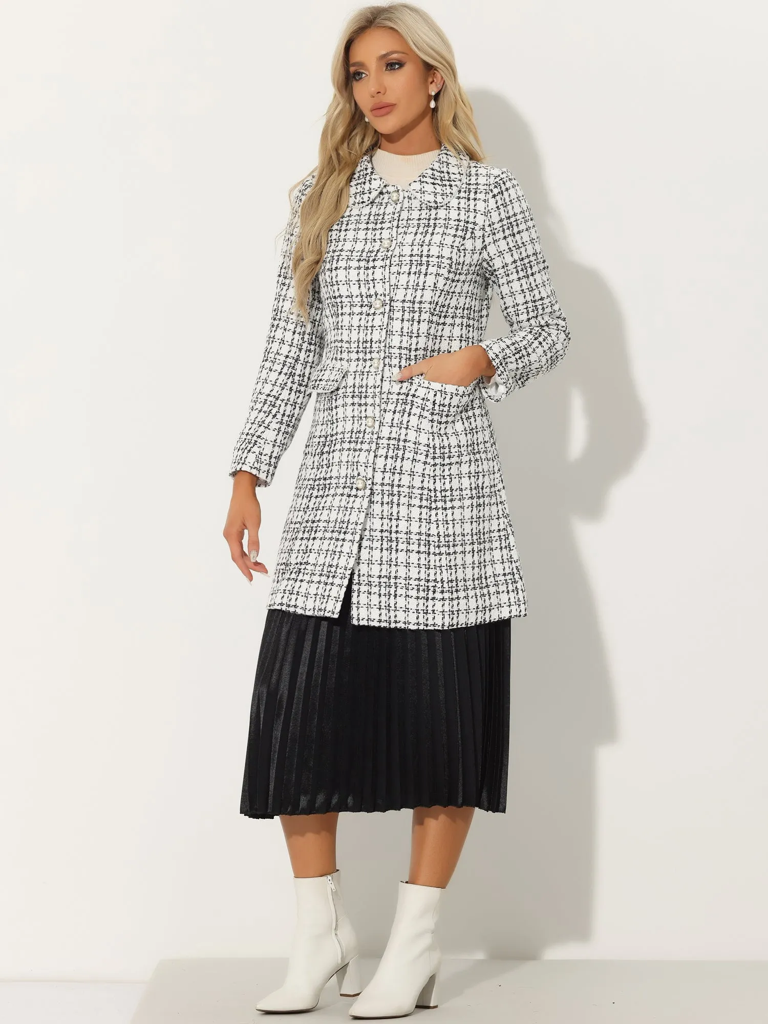 Doll Collar Plaid Tweed Winter Button Elegant Long Coat