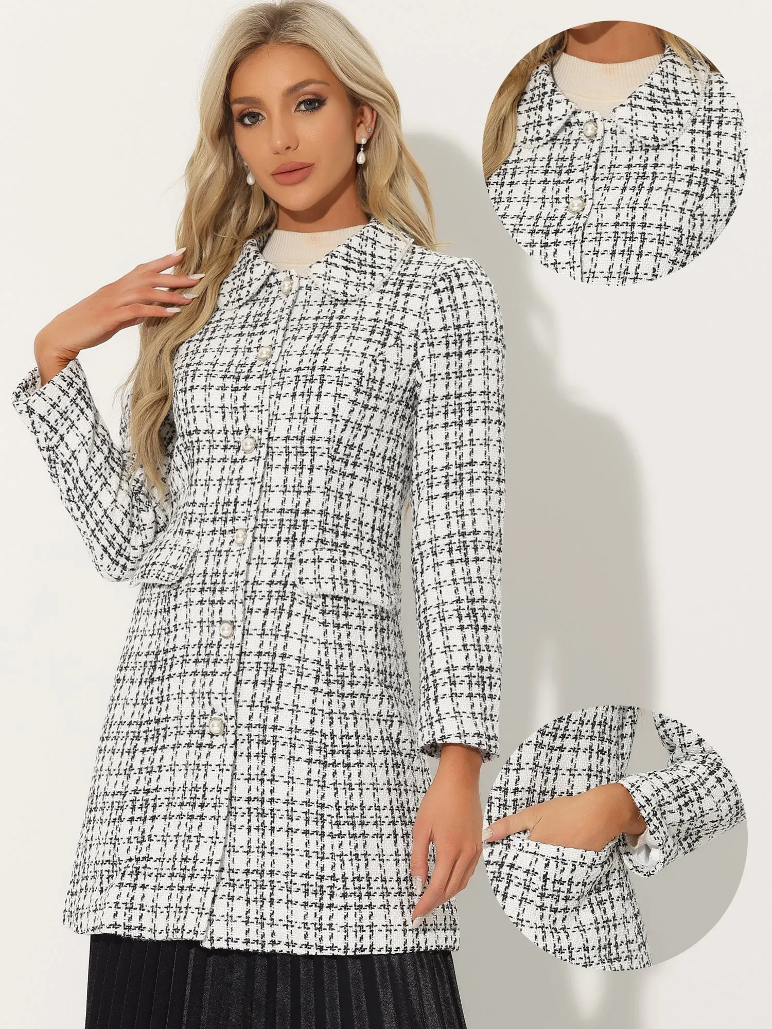 Doll Collar Plaid Tweed Winter Button Elegant Long Coat