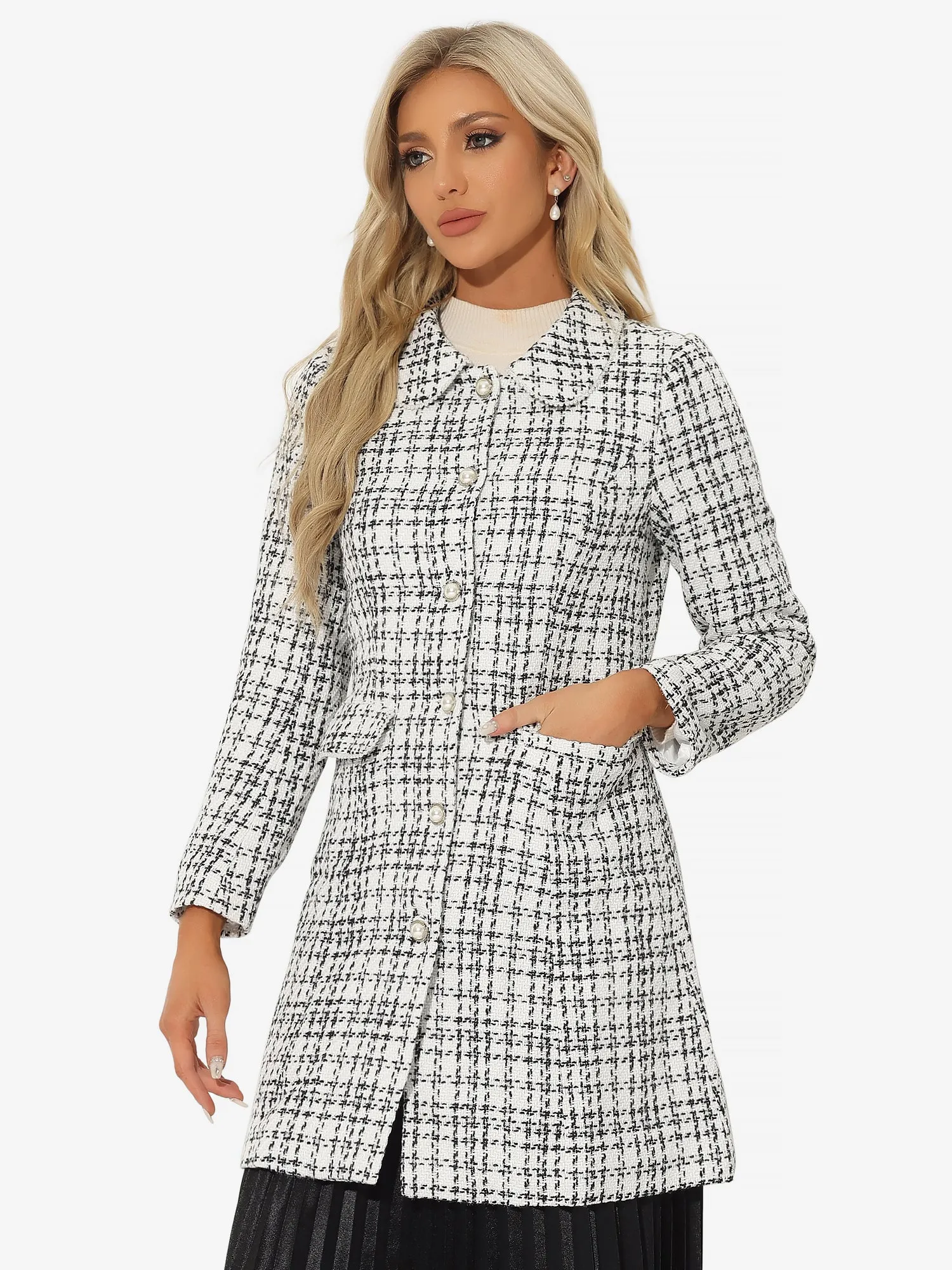 Doll Collar Plaid Tweed Winter Button Elegant Long Coat
