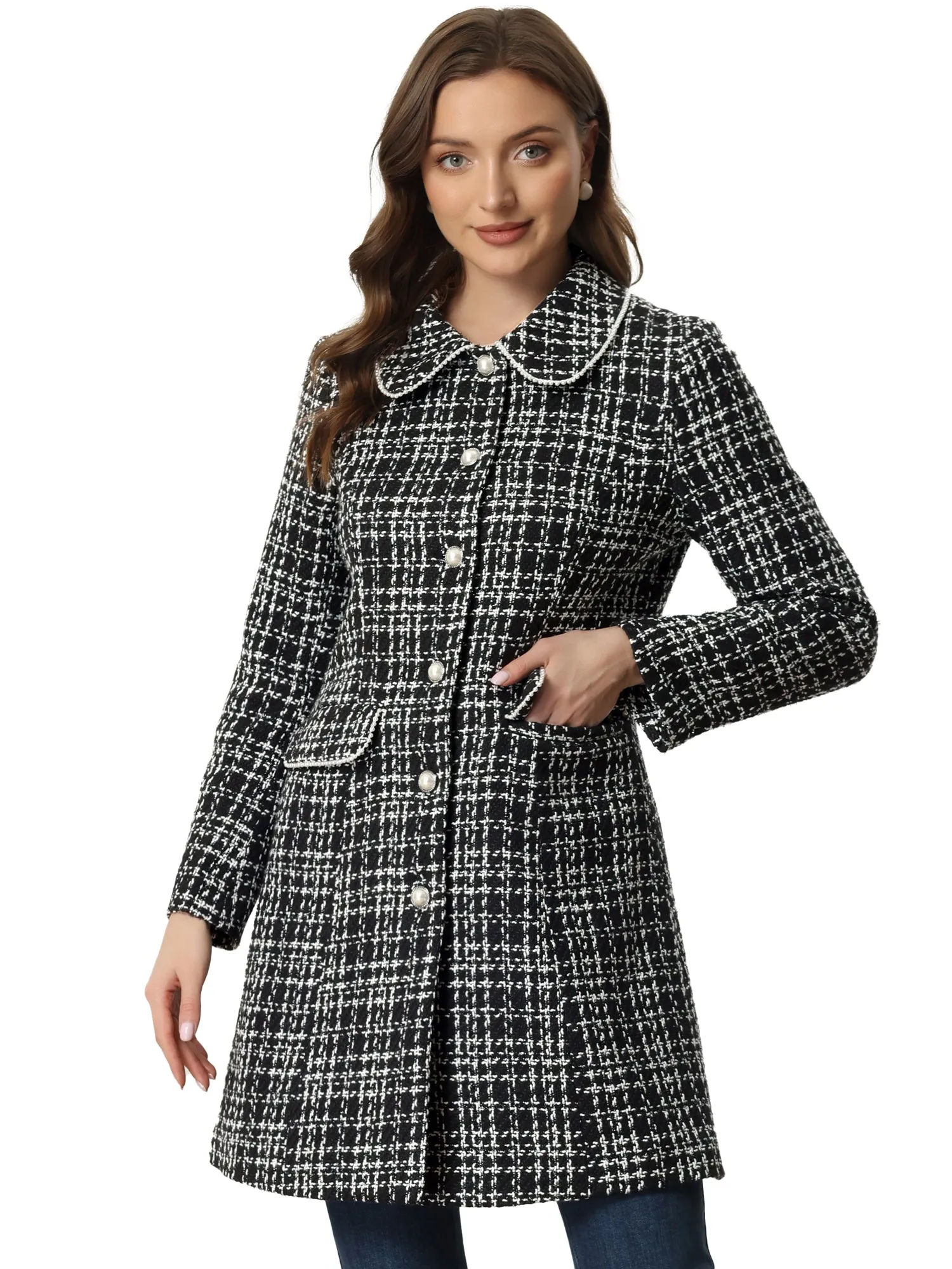 Doll Collar Plaid Tweed Winter Button Elegant Long Coat