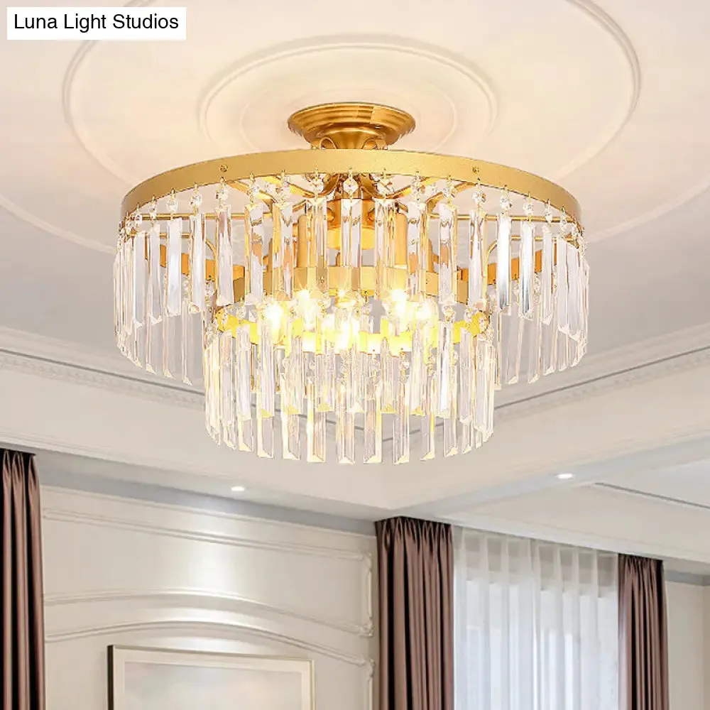 Gold 2-Layer Crystal Semi Flush Mount Light Fixture with 3/5 Bulbs - Postmodern Style for Living Room