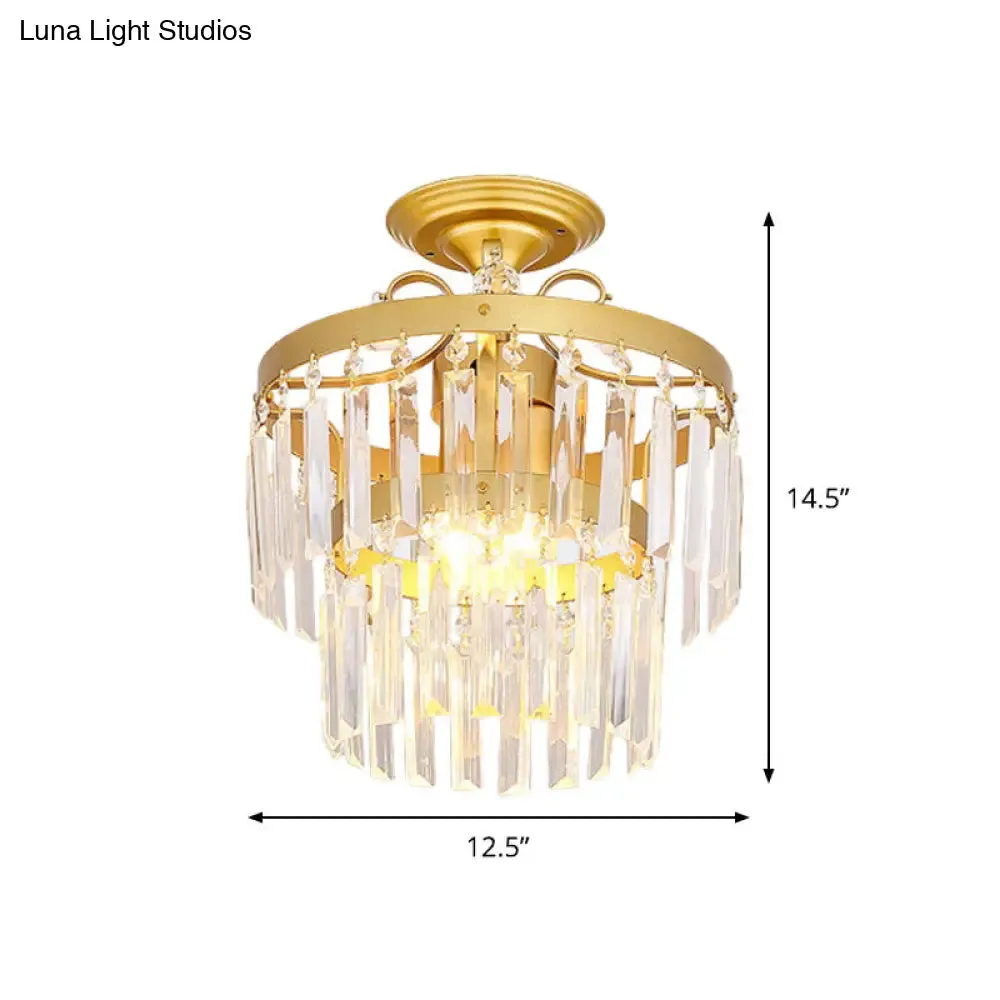 Gold 2-Layer Crystal Semi Flush Mount Light Fixture with 3/5 Bulbs - Postmodern Style for Living Room