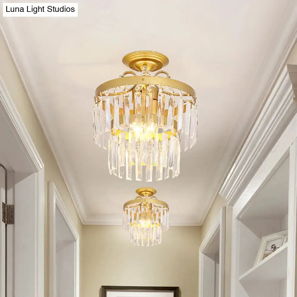 Gold 2-Layer Crystal Semi Flush Mount Light Fixture with 3/5 Bulbs - Postmodern Style for Living Room