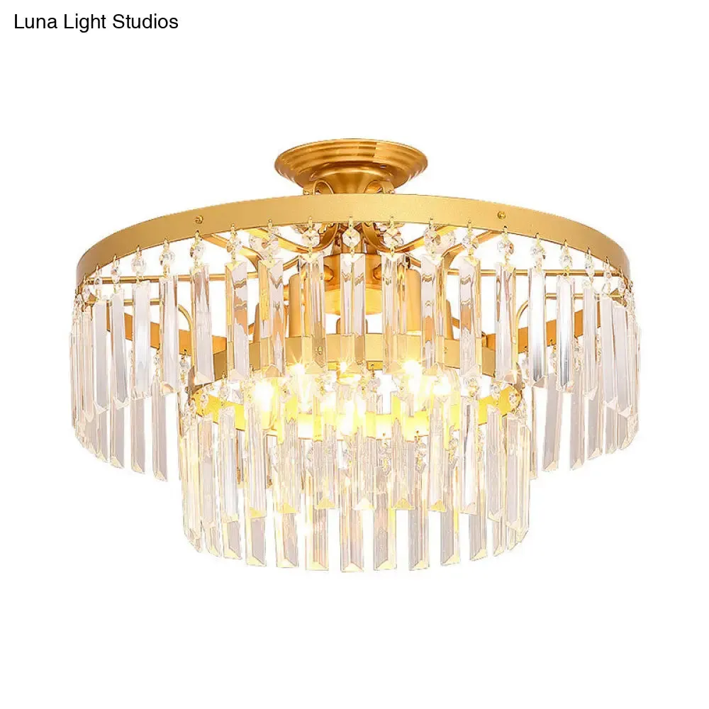 Gold 2-Layer Crystal Semi Flush Mount Light Fixture with 3/5 Bulbs - Postmodern Style for Living Room