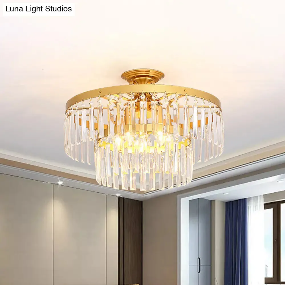 Gold 2-Layer Crystal Semi Flush Mount Light Fixture with 3/5 Bulbs - Postmodern Style for Living Room