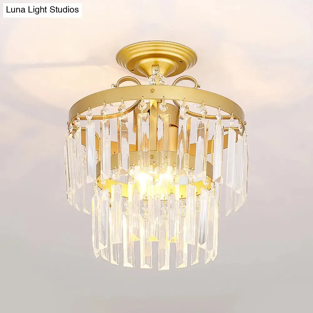 Gold 2-Layer Crystal Semi Flush Mount Light Fixture with 3/5 Bulbs - Postmodern Style for Living Room