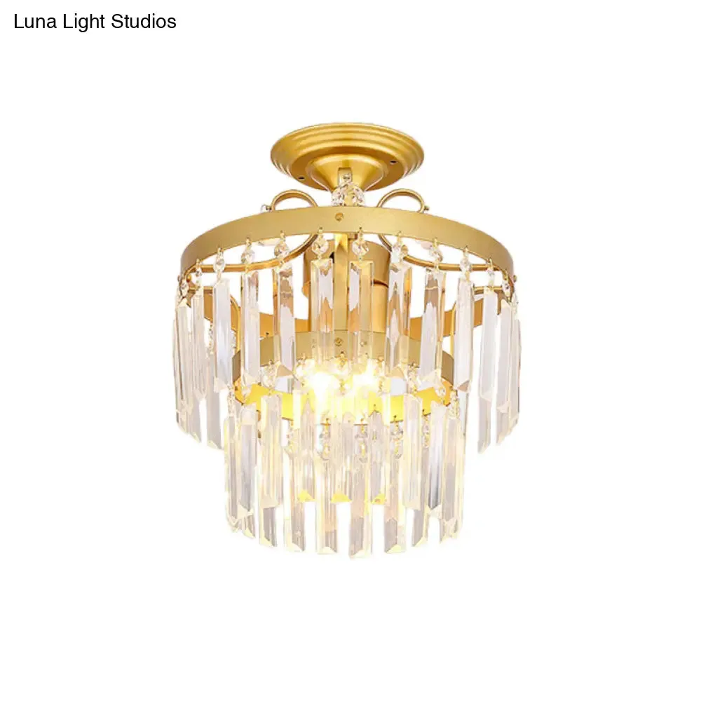 Gold 2-Layer Crystal Semi Flush Mount Light Fixture with 3/5 Bulbs - Postmodern Style for Living Room