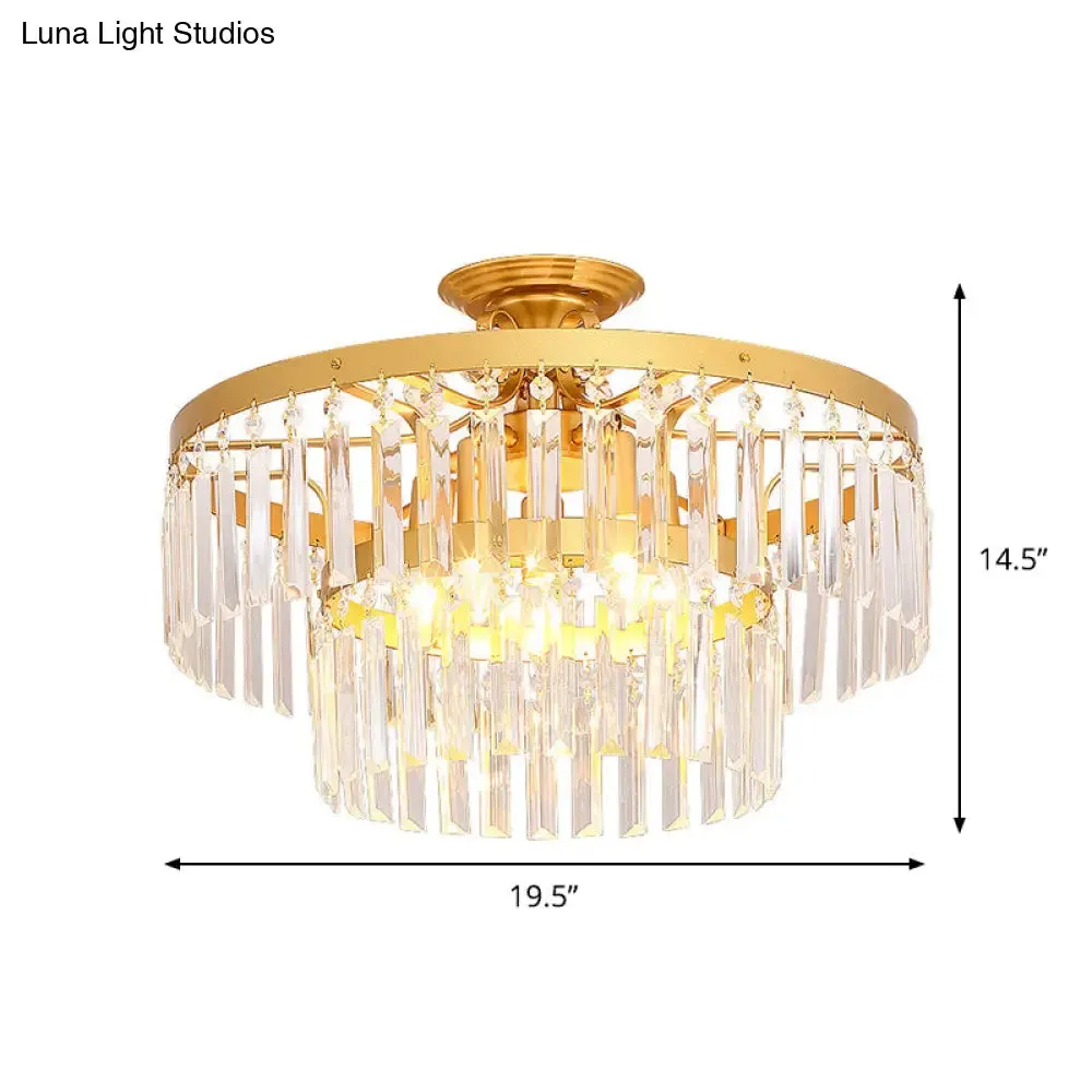 Gold 2-Layer Crystal Semi Flush Mount Light Fixture with 3/5 Bulbs - Postmodern Style for Living Room
