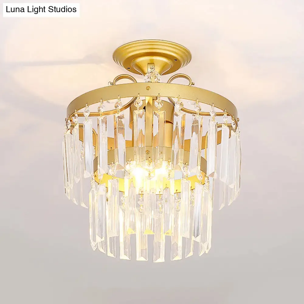 Gold 2-Layer Crystal Semi Flush Mount Light Fixture with 3/5 Bulbs - Postmodern Style for Living Room