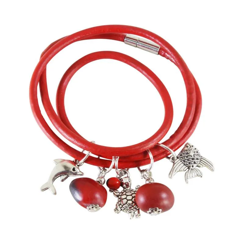 Good Luck Multi-Charm Leather Adjustable Bracelet/Necklace with Red & Black Seed Beads