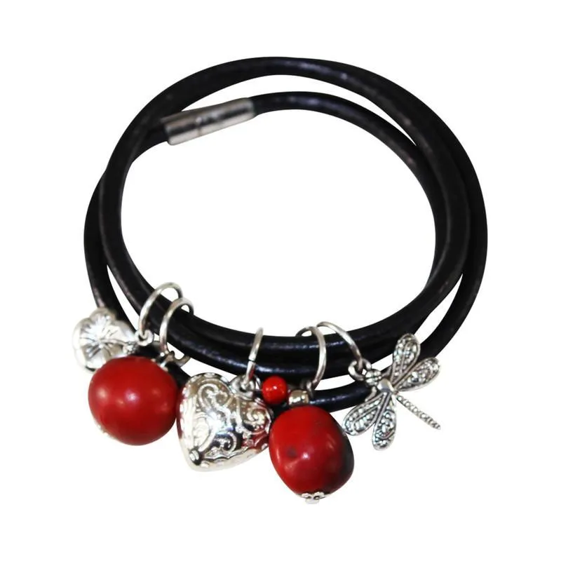 Good Luck Multi-Charm Leather Adjustable Bracelet/Necklace with Red & Black Seed Beads