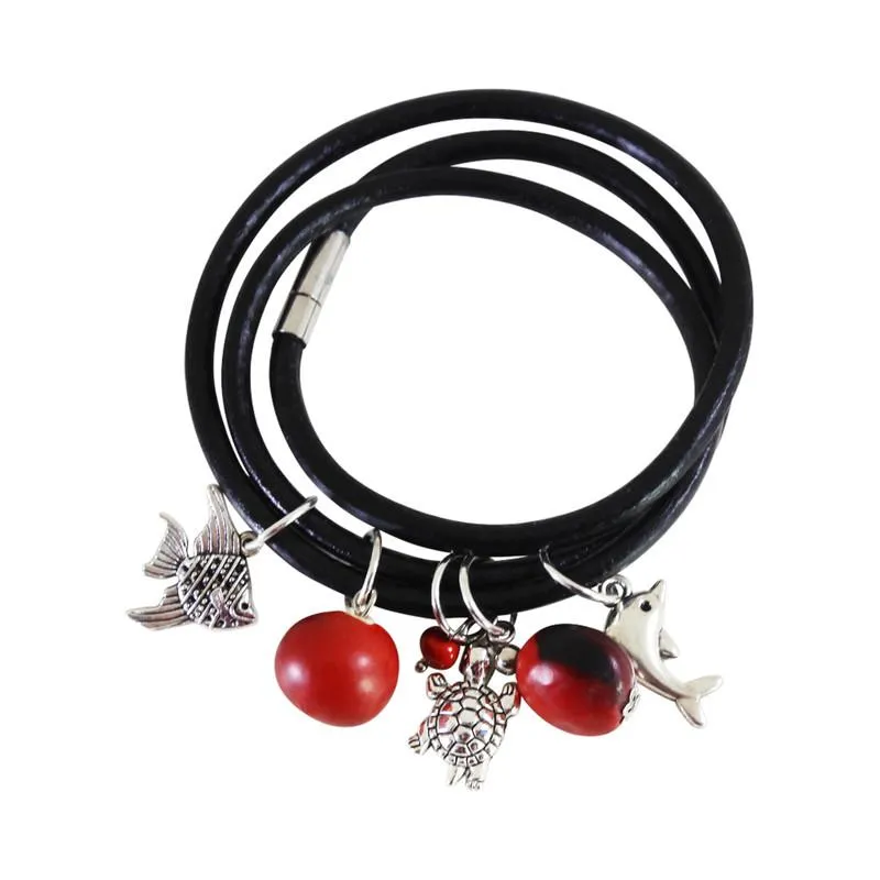 Good Luck Multi-Charm Leather Adjustable Bracelet/Necklace with Red & Black Seed Beads
